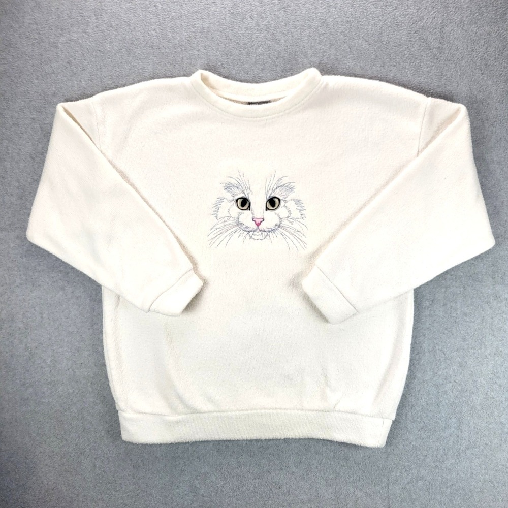 One Way Graphique Cat Embroidered Sweatshirt Womens Medium White Vintage USA